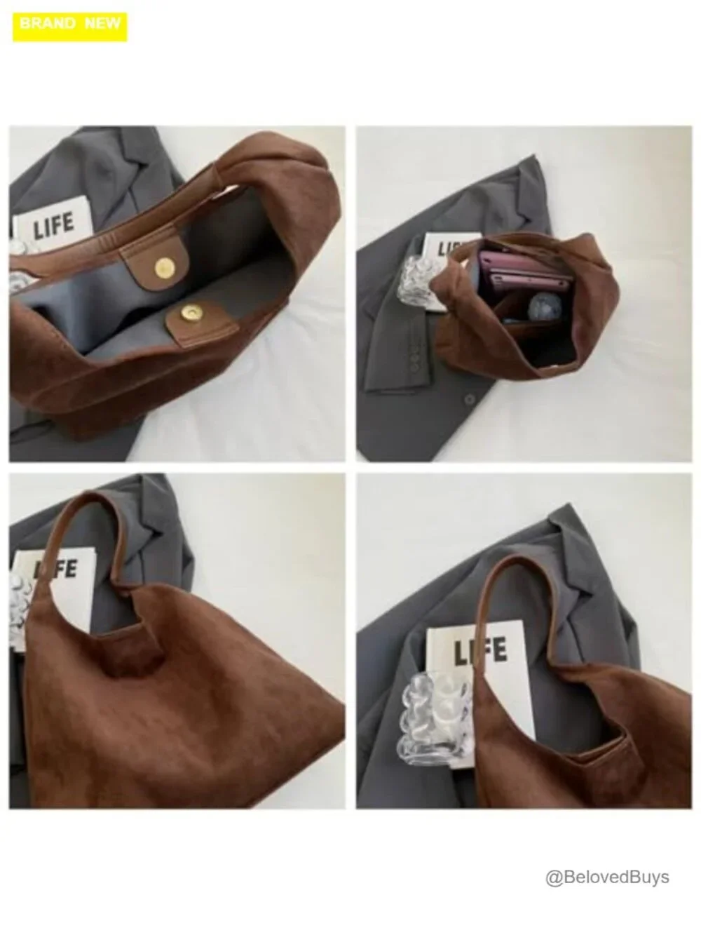 Faux Suede Hobo Bag with Shoulder Strap Tote Handbag